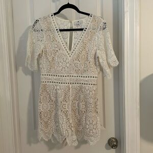 Socialite White Ivory Lace Romper with tan lining - Medium